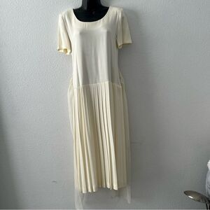 Vtg 80s 90s Pleated Maxi Dress Drop Waist Donna Ricco Ivory Preppy Ankle 4 XS